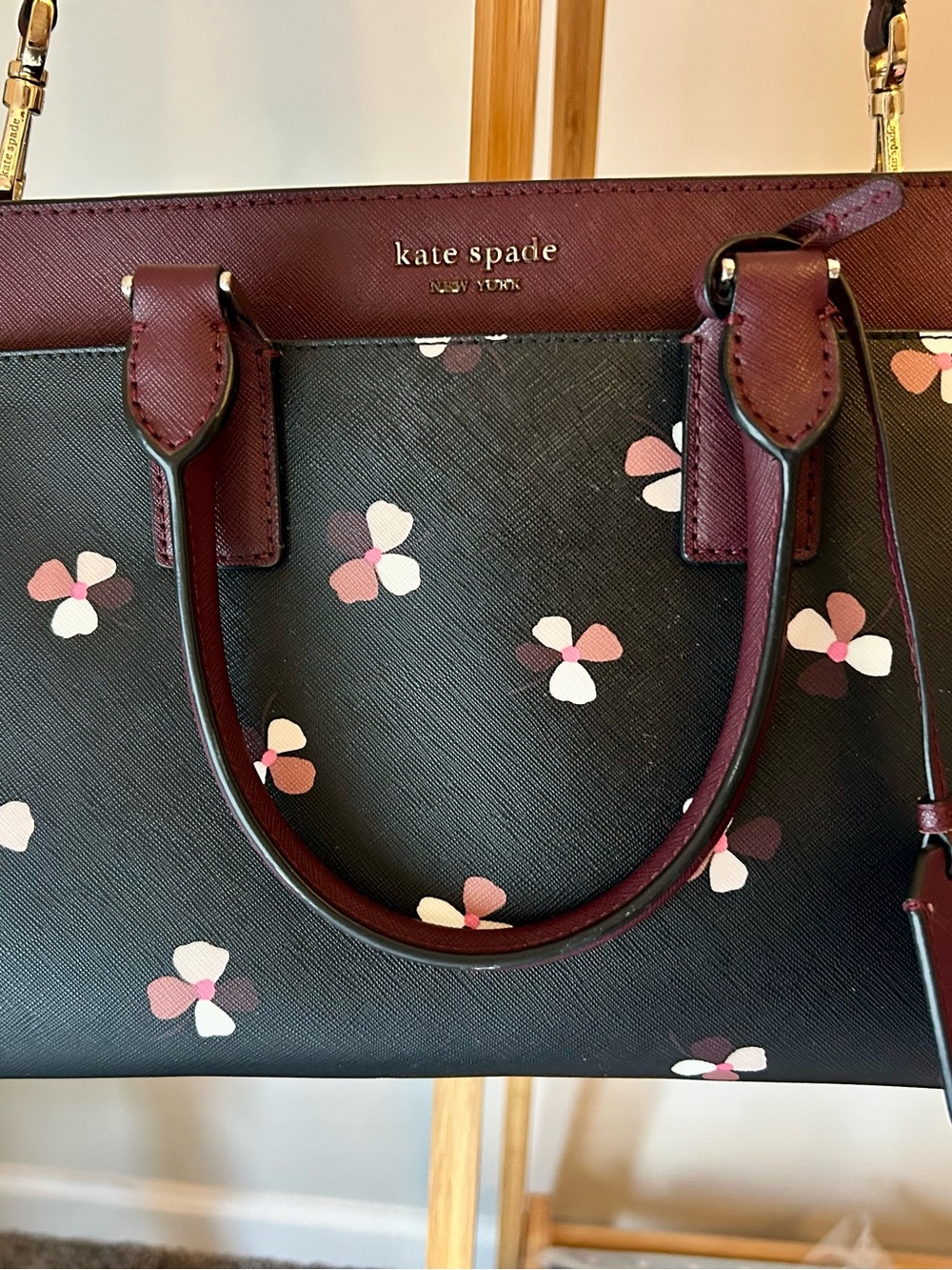 kate spade Black Floral Saffiano Satchel with Burgundy Trim